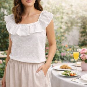 Ann Taylor White Polka Dot Ruffle Blouse